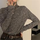 Long-sleeve Leopard Print Mock-neck T-shirt Leopard - Black & Gray - One Size