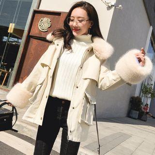 Faux Fur Collar Denim Jacket With Belt
