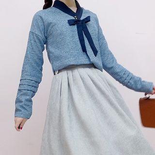 Long-sleeve Ribbon Neck Top / A-line Midi Jumper Skirt