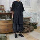 Short-sleeve Asymmetrical Slit T-shirt Black - One Size