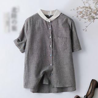 Elbow-sleeve Button-up Striped Blouse