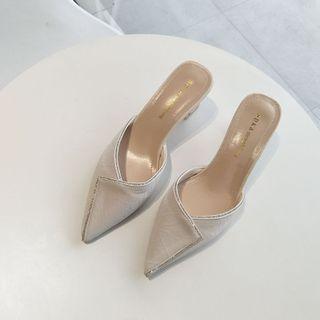 Rhinestone Pointy-toe Chunky Heel Mules