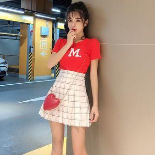 Set: Lettering Short-sleeve T-shirt + Plaid Mini Pleated Skirt