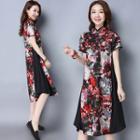 Floral Print Short-sleeve Stand-collar Dress
