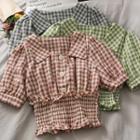 Checker Smocked-waist Crop Blouse In 5 Colors