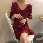 Bell-sleeve Mini Floral A-line Dress T-shirt - Red - One Size