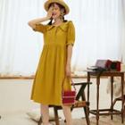 Short-sleeve Frill Trim Wide Collar A-line Dress Yellow - One Size