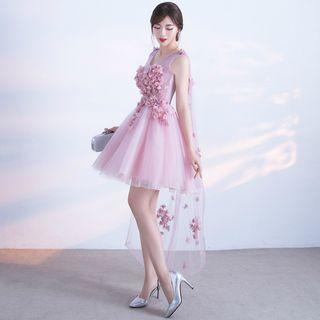 Flower Applique Sleeveless Dip Back Tulle Dress