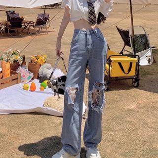 Short-sleeve Twist-front Crop Shirt / Distressed Lace Panel Wide Leg Jeans