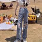 Short-sleeve Twist-front Crop Shirt / Distressed Lace Panel Wide Leg Jeans