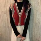 Mock-neck Plain Long-sleeve Top/ Color Block Argyle V-neck Knitted Vest