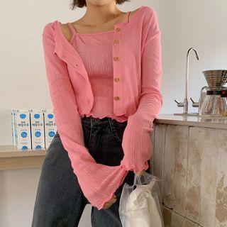 Set: Lettuce-edge Pointelle-knit Cardigan + Camisole Top