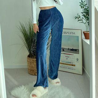 Slit-hem Pleated Velvet Wide-leg Pants