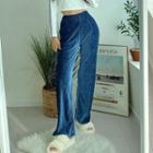 Slit-hem Pleated Velvet Wide-leg Pants