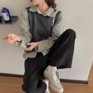 Long-sleeve Stripe Shirt / Knit Vest
