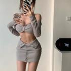 Set: Long-sleeve Off-shoulder Crop Top + Mini Fitted Skirt Gray - One Size