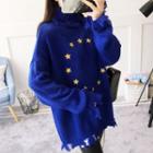 Star Embroidered Distressed Turtleneck Sweater