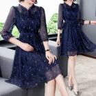 3/4-sleeve Glitter Chiffon A-line Dress