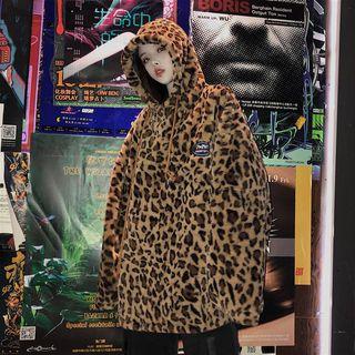 Leopard Pattern Furry Drawstring Hoodie Leopard - One Size