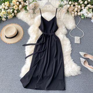 Plain Spaghetti Strap Tie-waist Midi A-line Dress