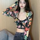 Square-neck Floral Mesh T-shirt As Figure - One Size