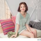 Eyelet Panel Short-sleeve V-neck Top