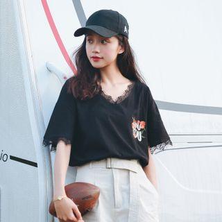 Short-sleeve Lace Trim Floral Embroidered T-shirt