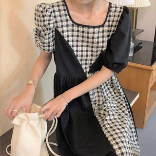 Short-sleeve Plaid Panel Midi A-line Dress Black & White - One Size