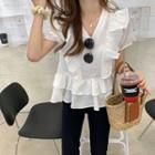 Layered Ruffle Trim V-neck Short-sleeve Blouse