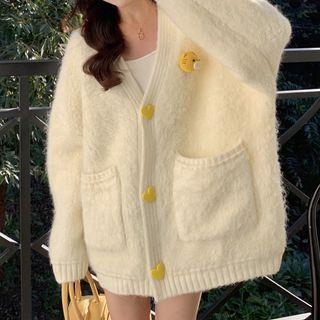 V-neck Heart Button Cardigan White - One Size