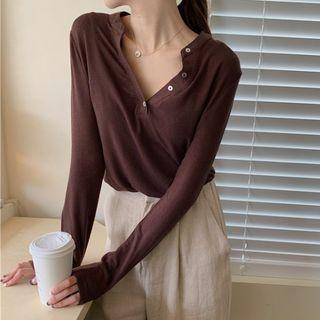 Long-sleeve V-neck Sheer T-shirt