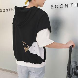 Mock Two Piece Cat Print Elbow Sleeve T-shirt