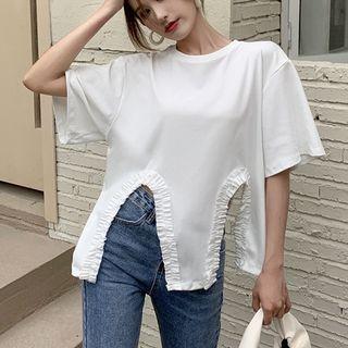 Elbow-sleeve Slit Ruffled T-shirt