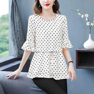 Loose-fit Round-neck Ruffle Dots Pattern Short-sleeve Chiffon Top