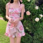 Tie-shoulder / Halter-neck Ruffle Trim Floral Print Mini Dress