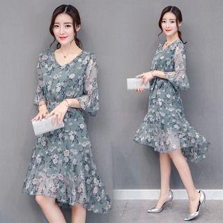 Ruffled Floral Chiffon Dress