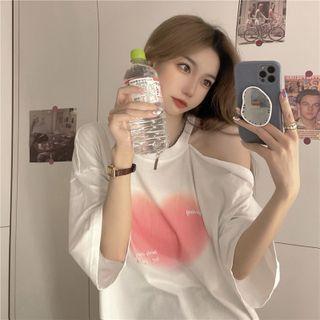 Elbow-sleeve Cold Shoulder Lettering Heart Print T-shirt