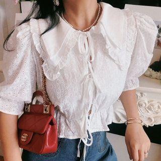 Puff-sleeve Frill Trim Collar Tie-front Eyelet Lace Blouse