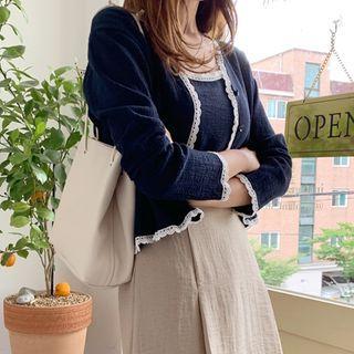 Set: Lace-trim Cotton Cardigan + Cami