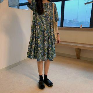 Short-sleeve Floral Printed Dress Bluish Green - One Size
