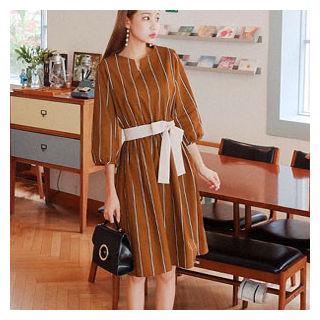 3/4-sleeve A-line Stripe Dress With Sash