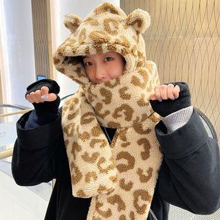 Bear Ear Leopard Print Shearling Hooded Scarf Light Brown - M