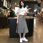 Set: Short-sleeve Lettering T-shirt + Plaid Midi A-line Skirt