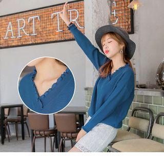 Long Sleeve Lettuce Edge V-neck Knit Top