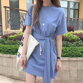 Short-sleeve Plain T-shirt Dress Blue - One Size