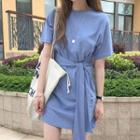Short-sleeve Plain T-shirt Dress Blue - One Size