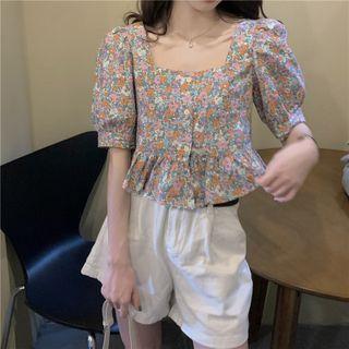Short-sleeve Floral Blouse Orange Floral - Blue - One Size