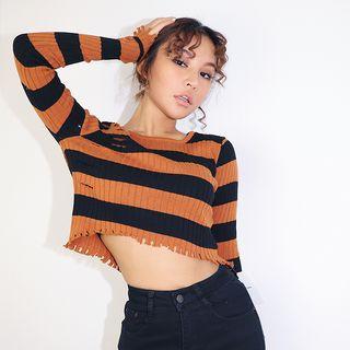 Lightweight Distressed Striped Crop Knit Top