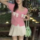 Short-sleeve Bow Accent Knit Top Pink - One Size