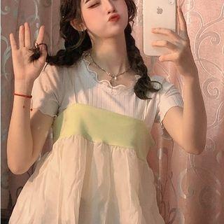 Short-sleeve Lace Trim T-shirt / Mesh Panel Camisole Top